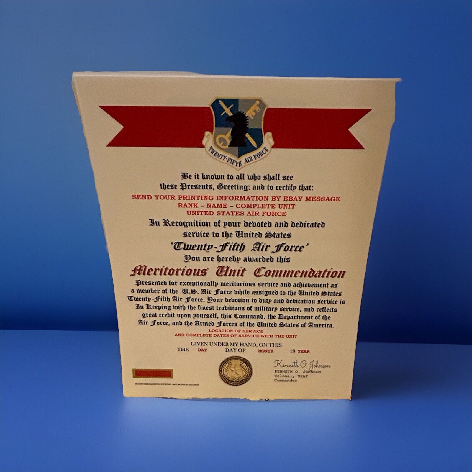 U.S. AIR FORCE / 25TH AIR FORCE - MERITORIOUS UNIT COMMENDATION CERTIFICATE