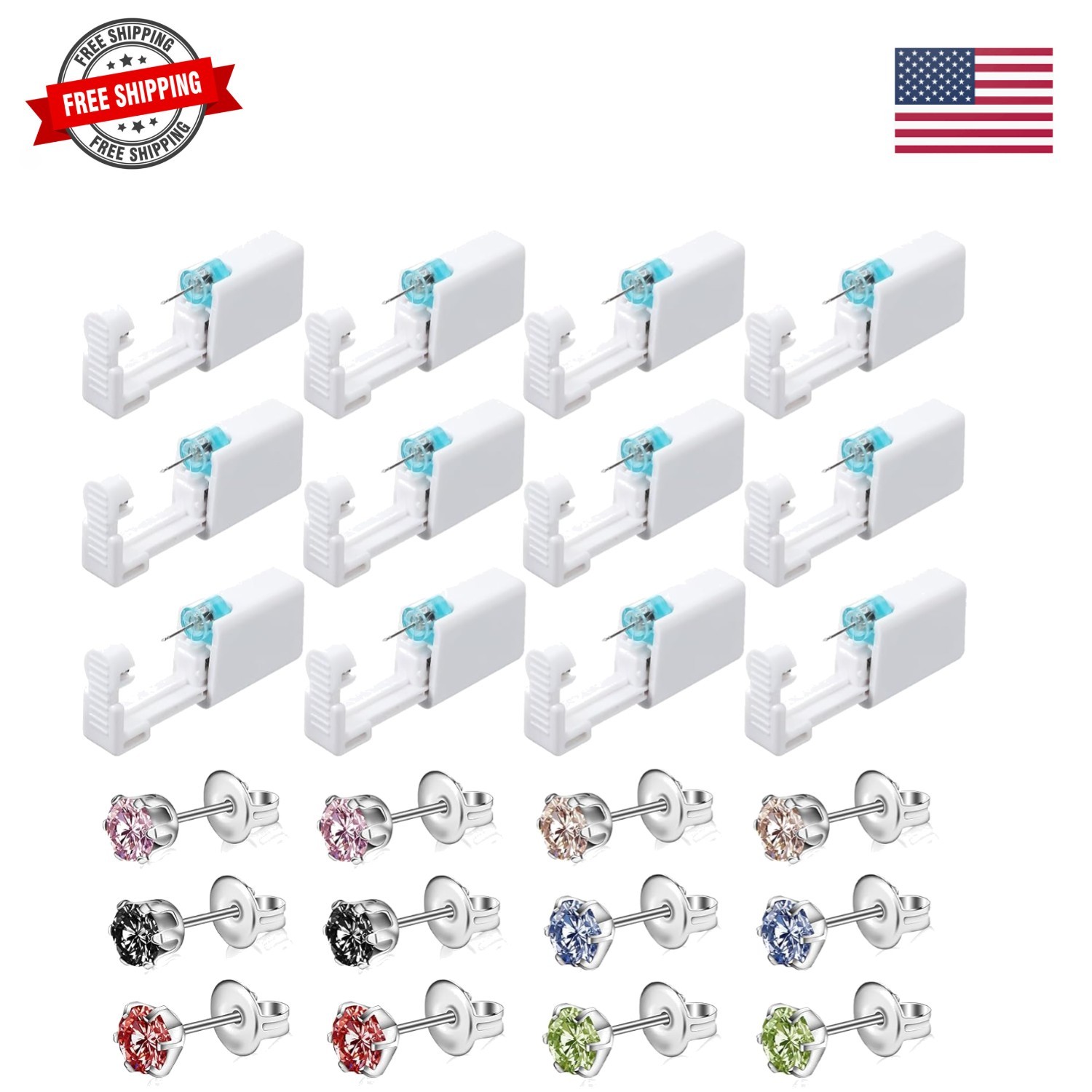 12 Pack Disposable Ear Piercing Tool with 12 Pcs Ear Studs Safety Tool 5mm Se...