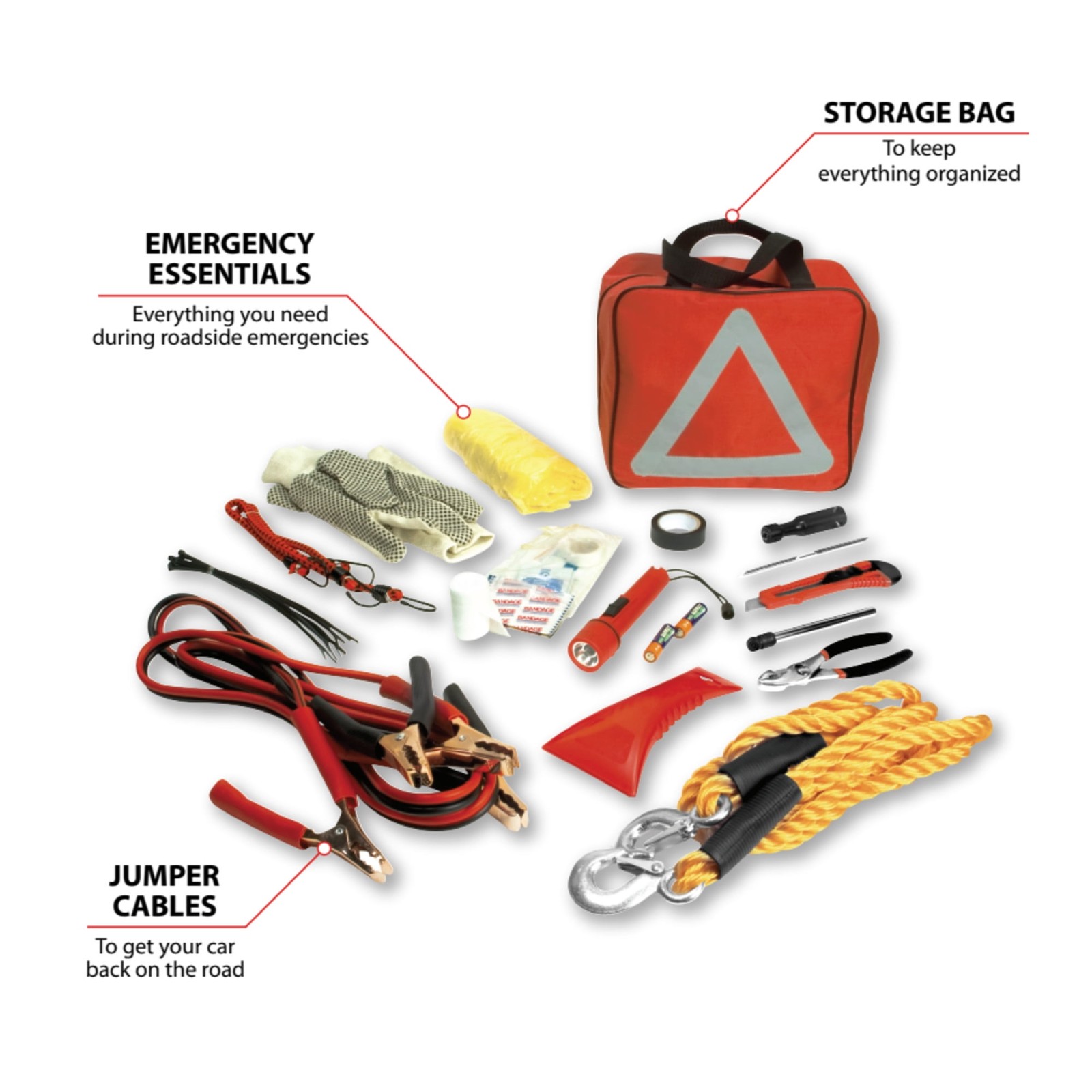 Deluxe Roadside Assistance Kit Universal Emergency Auto Safety Kit Multi-Use