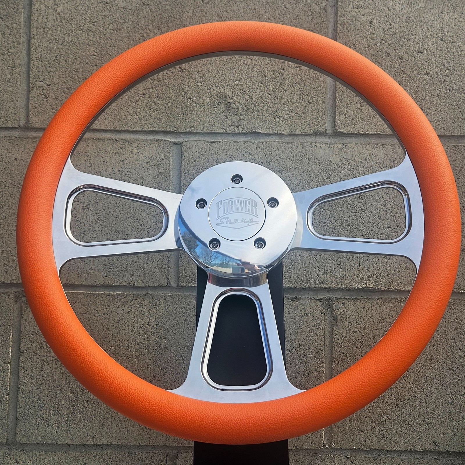 16 Inch Polished Semi Truck Steering Wheel with Orange Vinyl Grip - 5 Hole