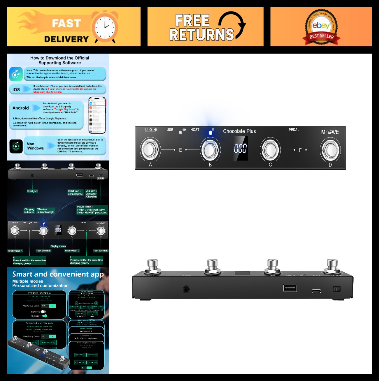 Wireless MIDI Foot Controller - 4 Button Bluetooth, Rechargeable, App Control