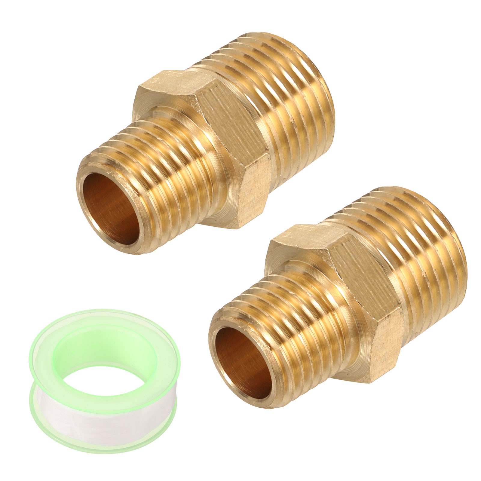 2pcs Hex Nipple Brass Pipe Fitting 1/4 NPT x 3/8 NPT with PTFE Tape, Gold Tone