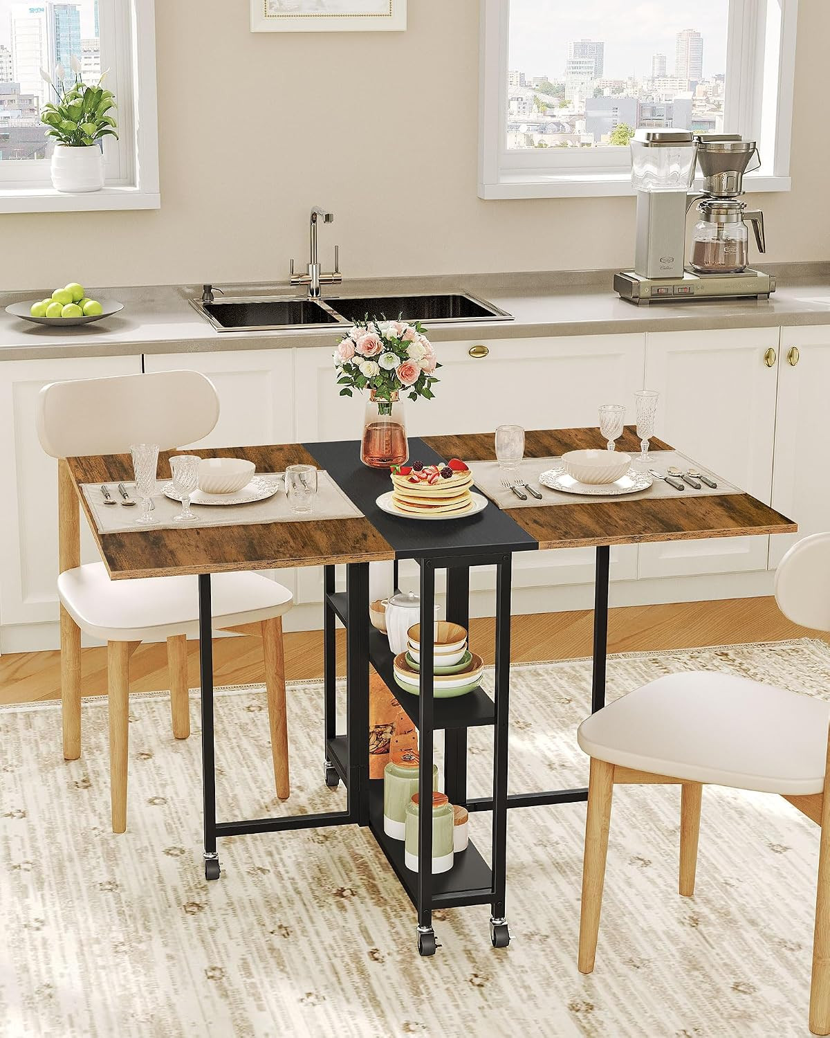 Folding Dining Table and round Side Table,Movable Dining Table, Expandable Kitch