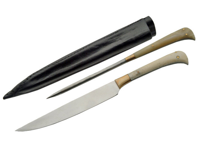 2-Pc Medieval Scottish Steak Knife Set Bone Handles + Black Leather Sheath