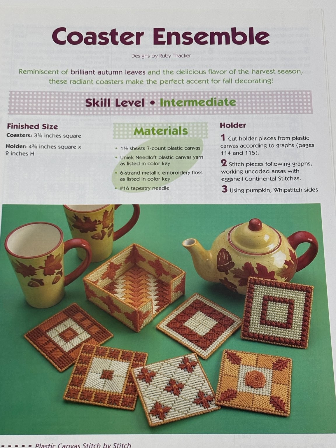 Plastic Canvas Pattern Coaster Ensemble Fall Autumn Decor Book Pages