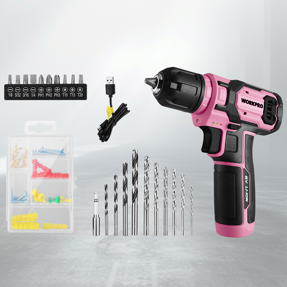 WORKPRO Pink Cordless Drill Driver Set 3/8 Keyless Chuck 53pc Bit Electric Drill