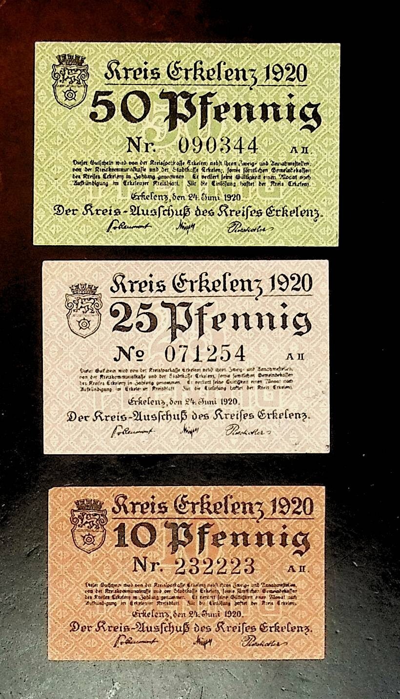 1920 Germany ERKEFENZ  set of 50 25 10 Phennig Banknote / Notgeld