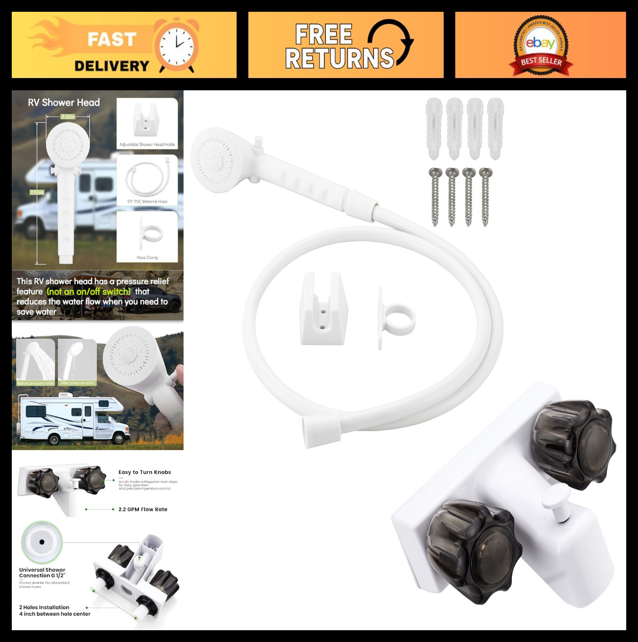 Outdoor RV Shower Faucet Kit with Hose & Head, Tub Diverter for Campers & Traile