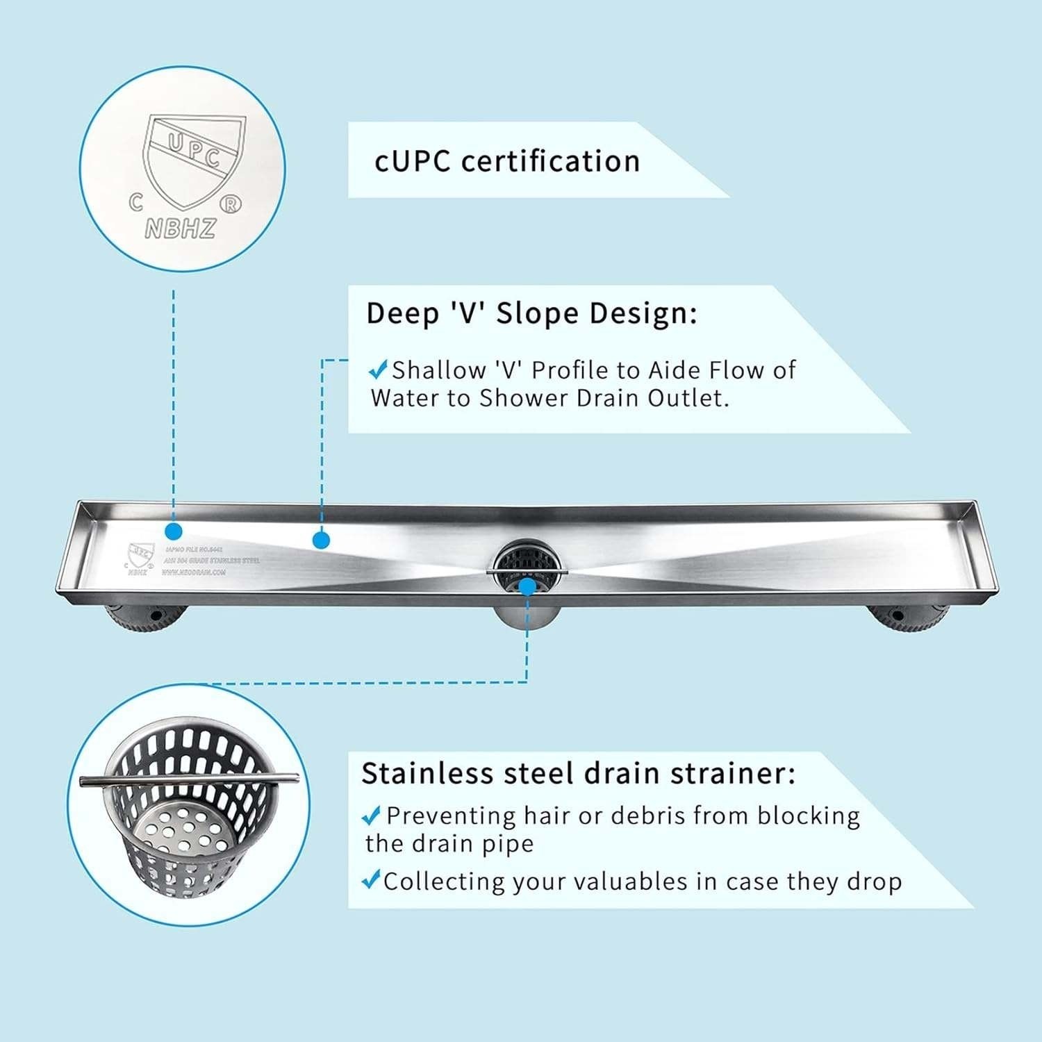 Neodrain 24" Linear Shower Drain with Tile Insert Grate,Brushed 304 Stainless