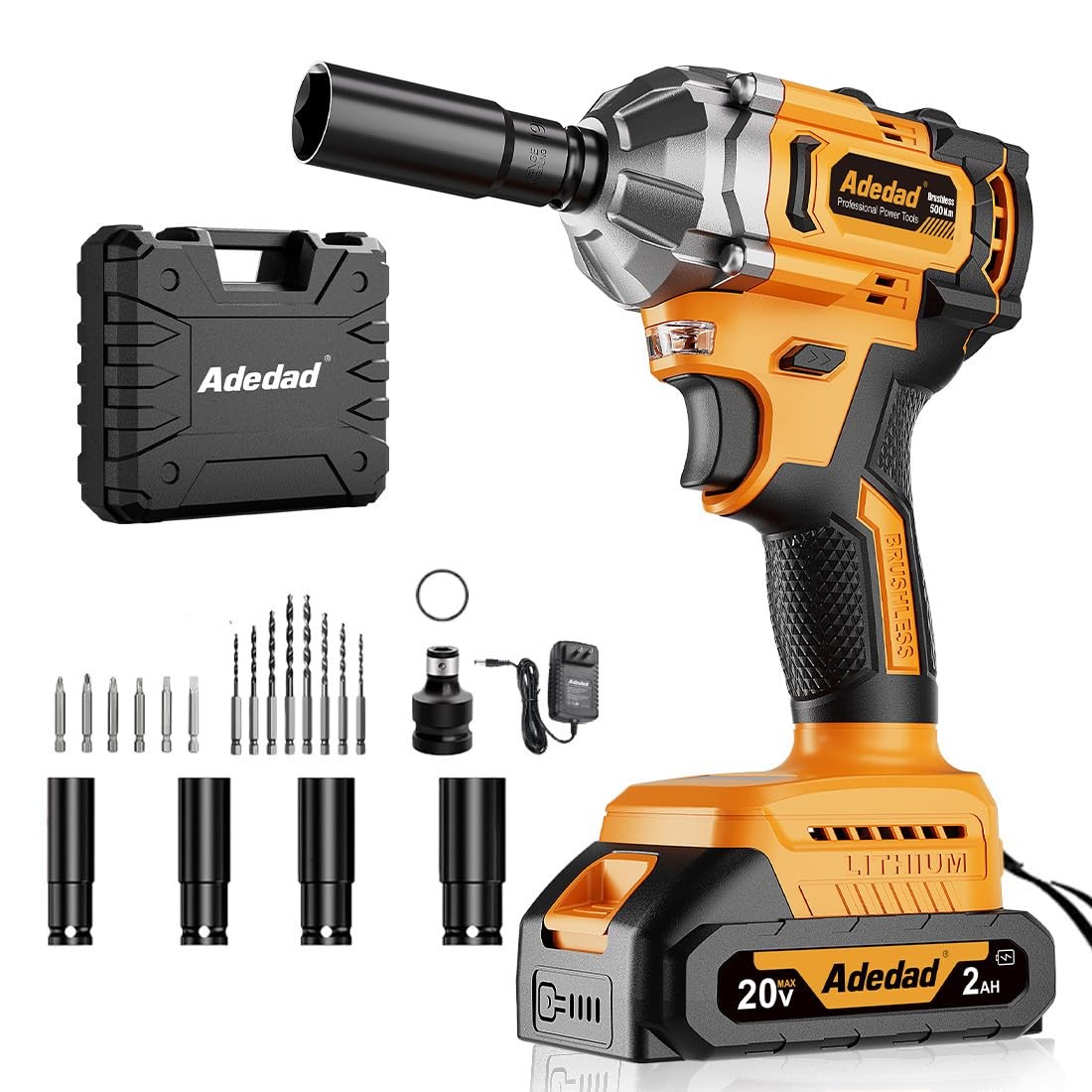 Adedad 3-in-1 Cordless Impact Wrench 500N.m(369 ft-lbs) 1/2" Yellow