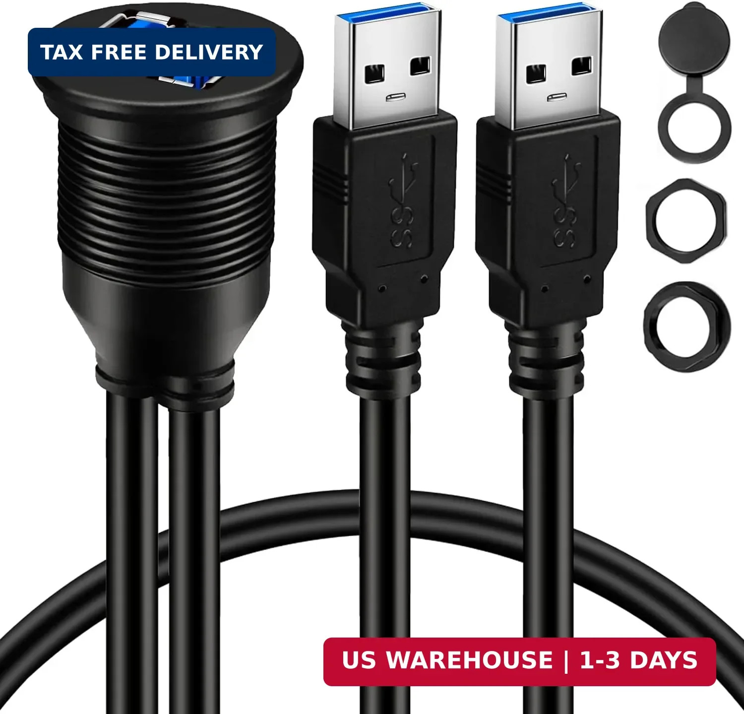 2 Ports Dual USB 3.0 Male to USB 3.0 Female AUX Flush Mount Car Mount Extension