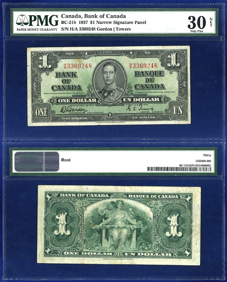 CANADA 1 DOLLAR 1937 PREFIX H/A NARROW PANEL VERY FINE 30