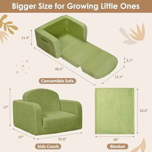 2 in 1 Convertible Kids Couch - Corduroy Fold Out Kids Sofa Chair Medium Green
