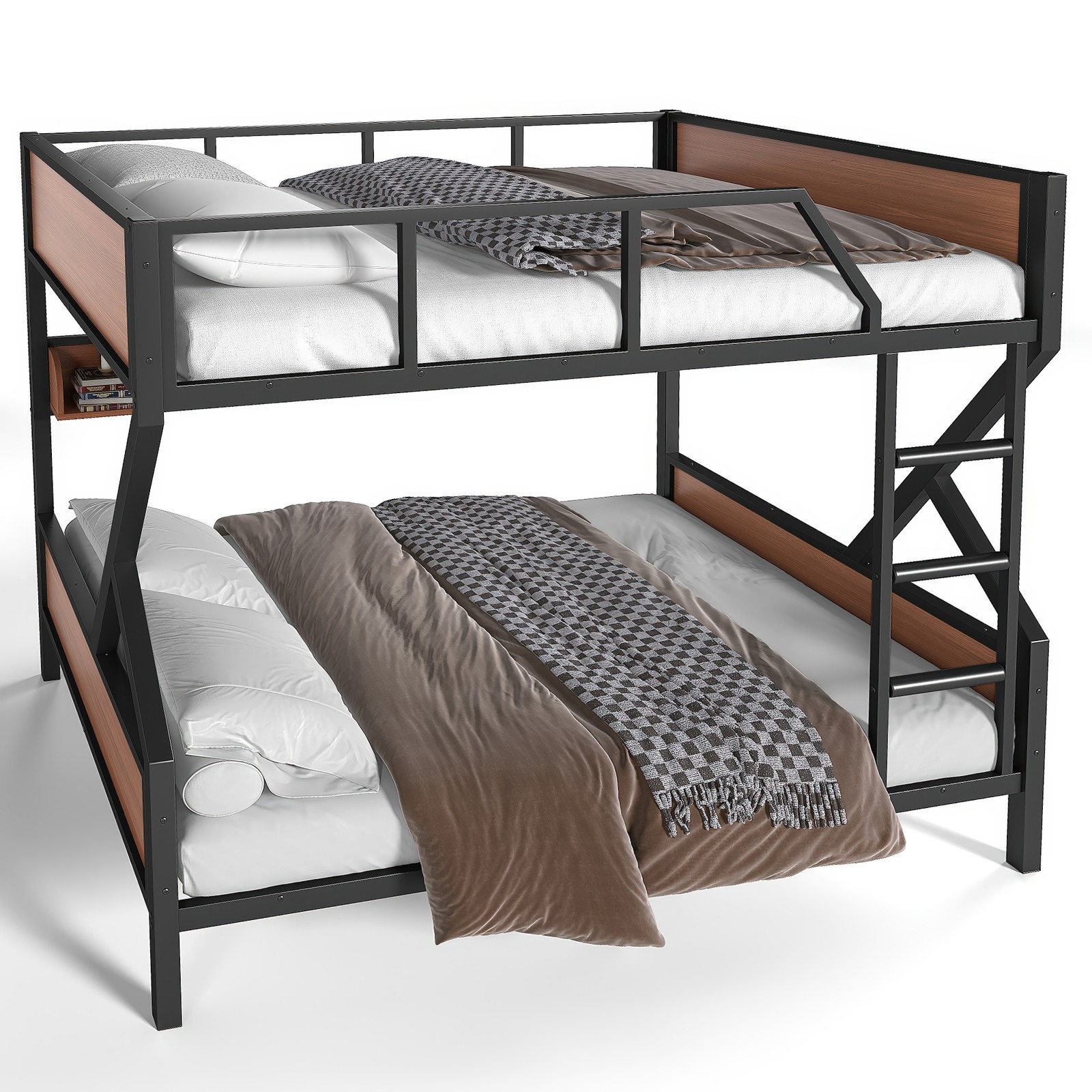 Metal Full over Full Bunk Bed with Storage Shelves Lights Space-saving Black New