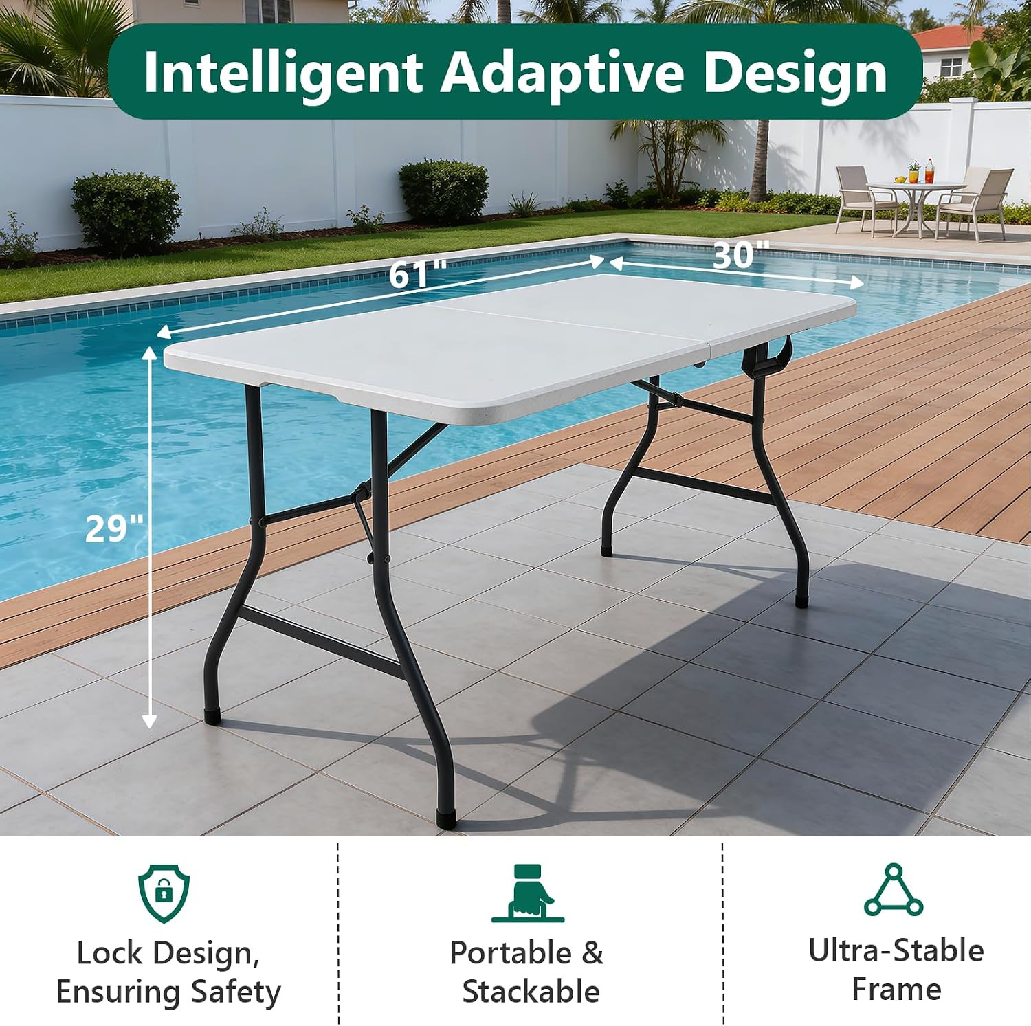 Folding Table, 5ft Portable Foldable Table Picnic Table with Carry Handle Plasti