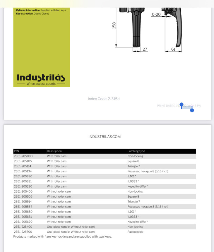 INDUSTRILAS KLIMA-FLEX OUTSWING HANDLE (NOV49)