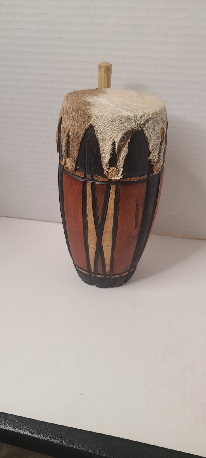 Hand carved 7" wooden Drum With Animal Skin and Wooden Drum Stick