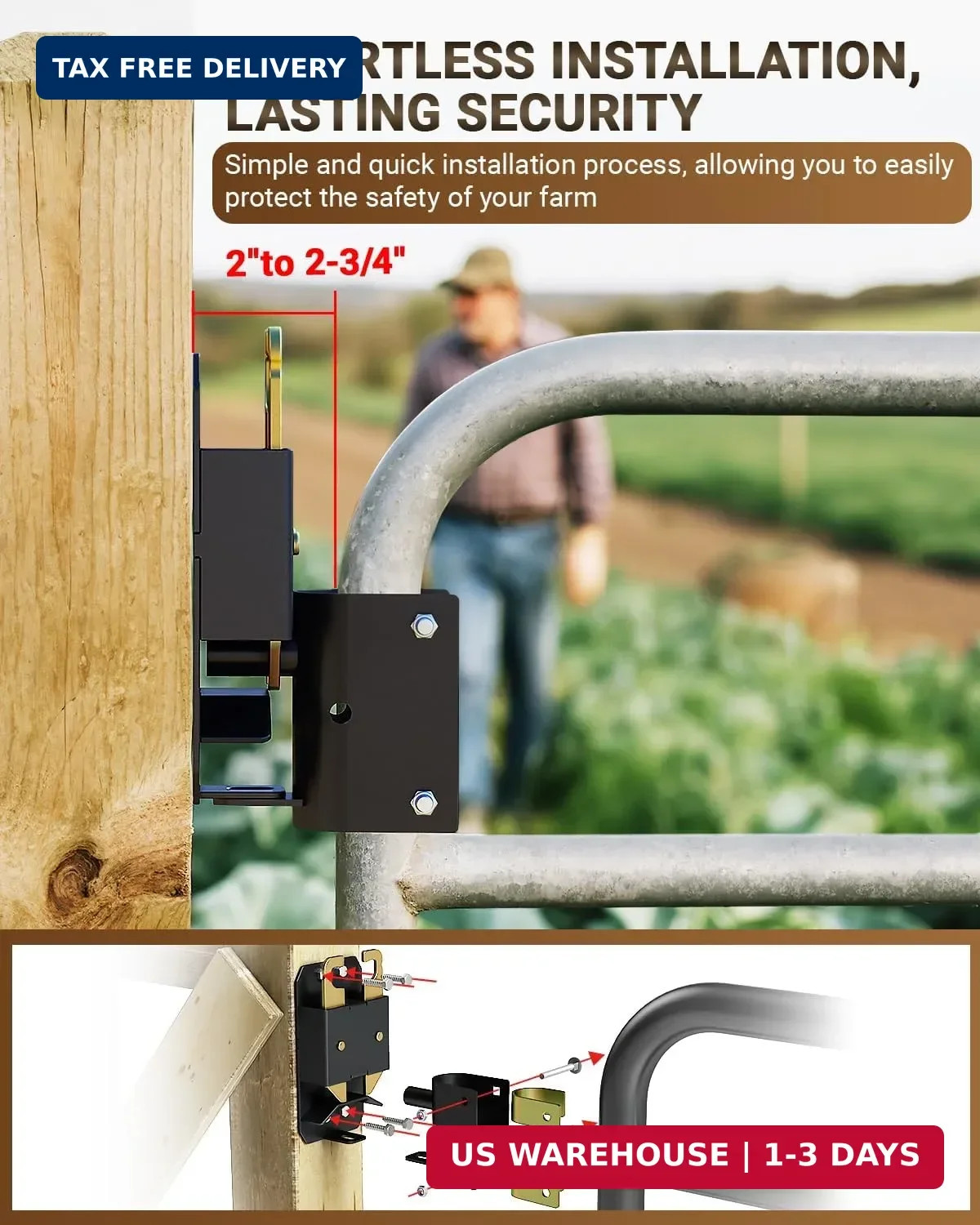 2 Way Farm Gate Latch, 2PC Heavy-Duty Fence Gate Latch with Self-Locking Nut, Bl