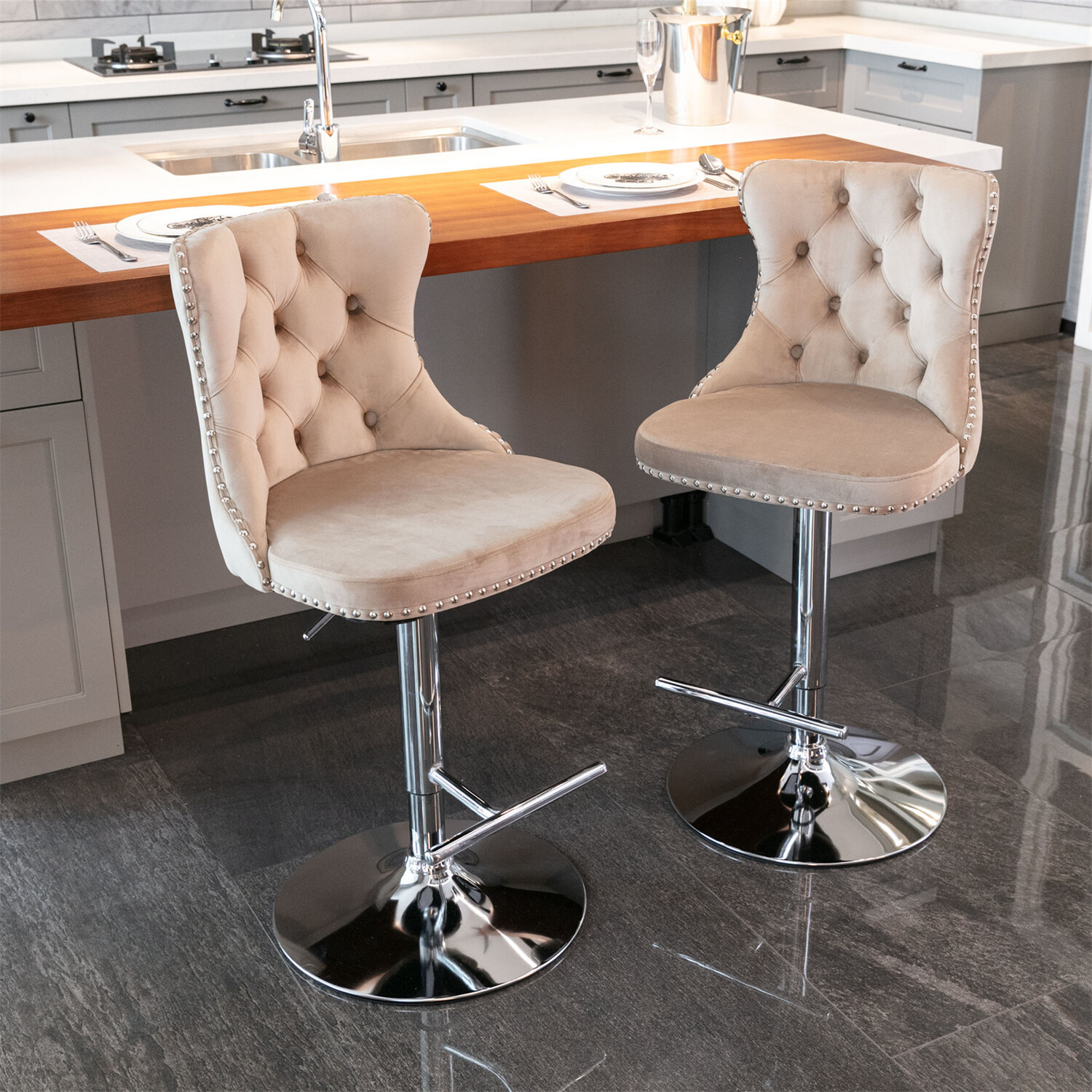2PCS Velvet Bar Stools Counter Height Adjustable Kitchen Dining Chairs US