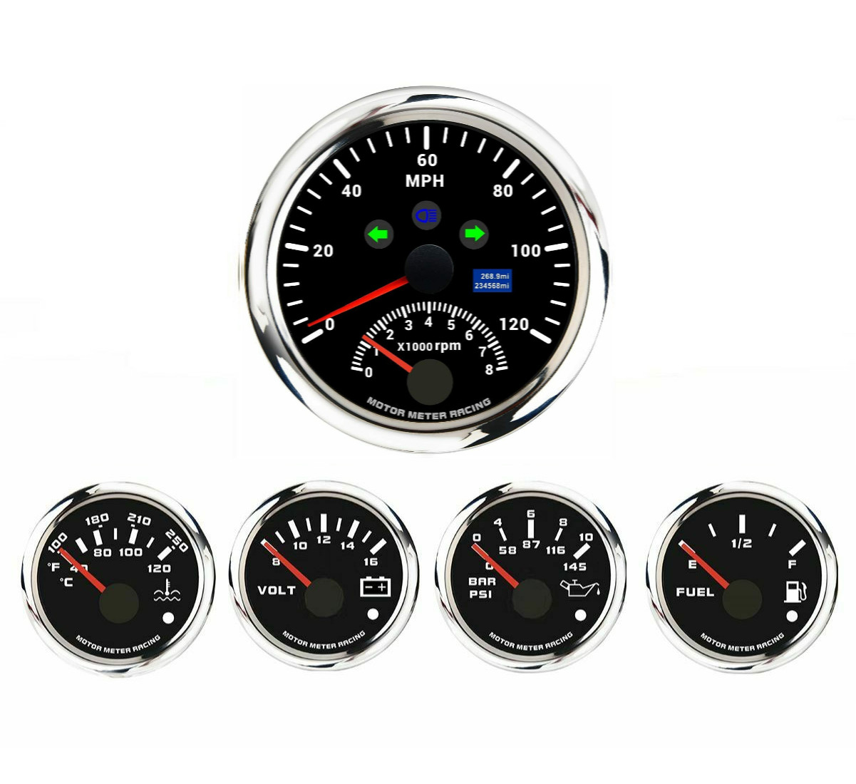 W PRO 5 Gauge Set 85mm GPS Speedometer Tachometer 120 MPH Turn Signal High Beam