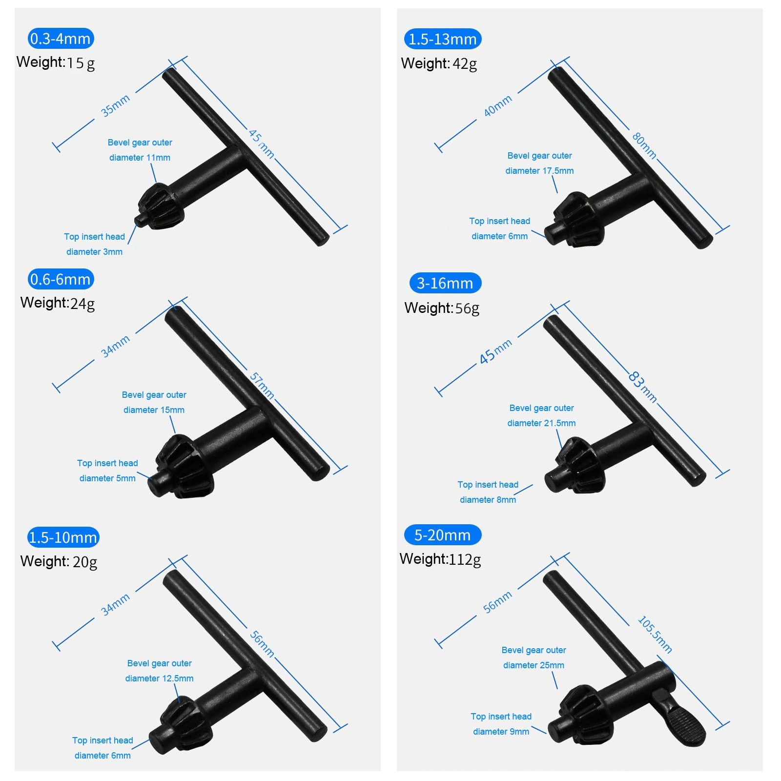 7 Pack Drill Chuck Key Set 1/4" 3/8" 1/2" 5/8" 3/4" 5/32'' 6 Sizes Clamping P...