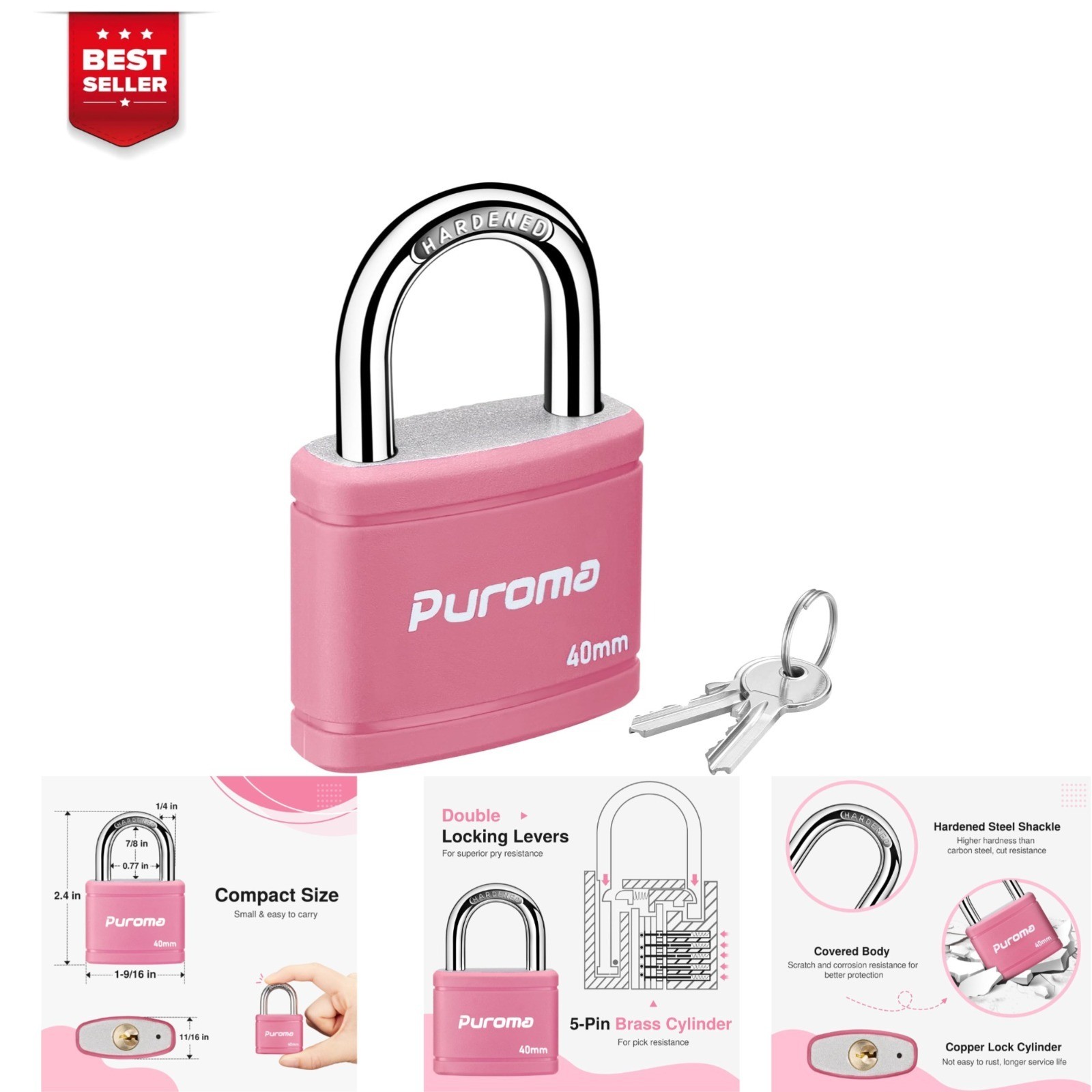 Puroma Keyed Padlock with 2 Keys Alike, 7/8 Inch Heavy-Duty Lock