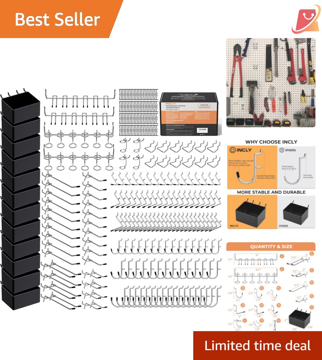278PCS Pegboard Organizer Kit Metal Plastic Hooks Bins for Garage Wall Storage