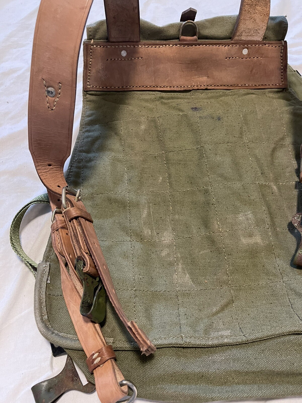 Vintage Romanian Army Canvas Backpack With Leather Shoulder Straps.