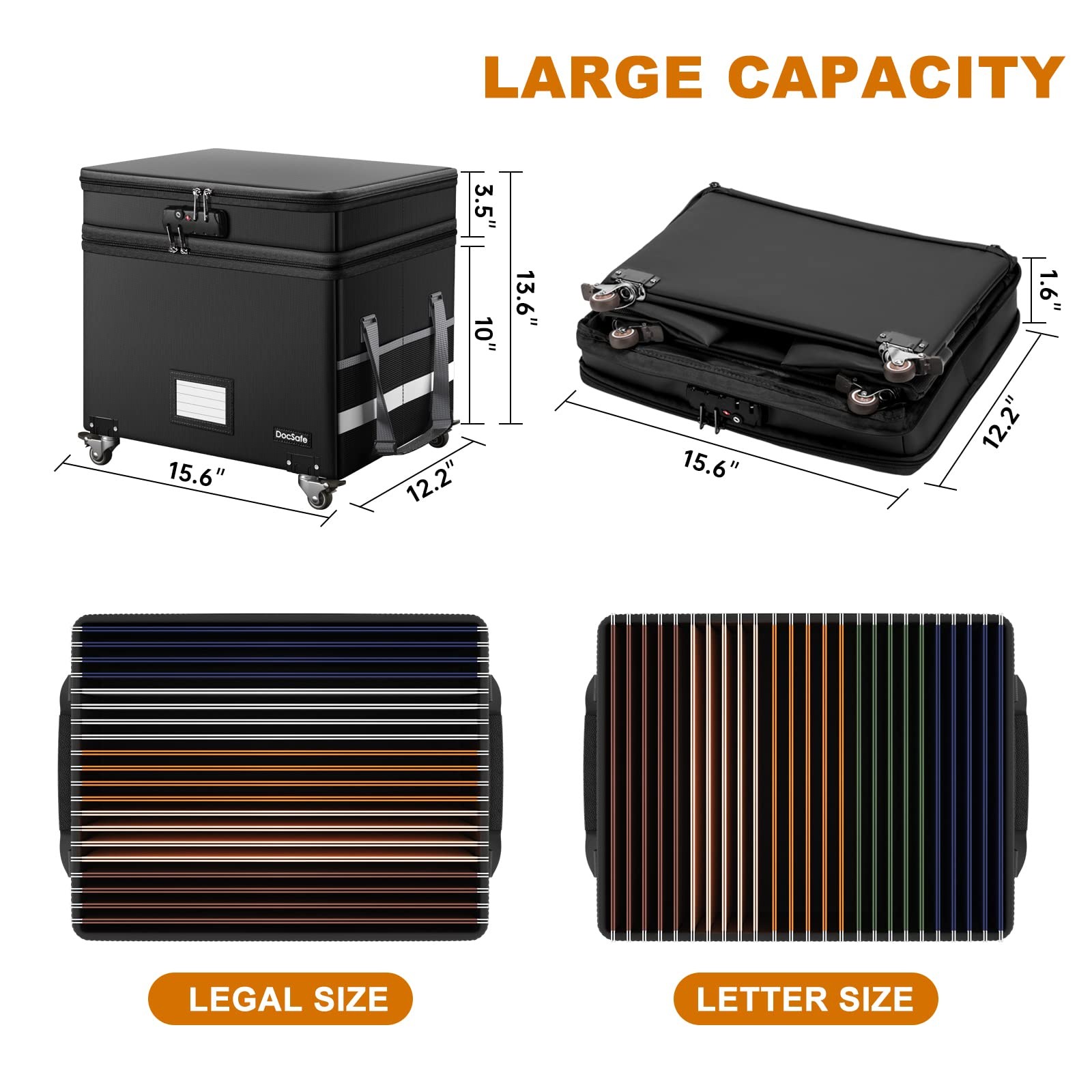 DocSafe Fireproof Document Box with Lock,2-Layer File Box with Wheels,Collaps...