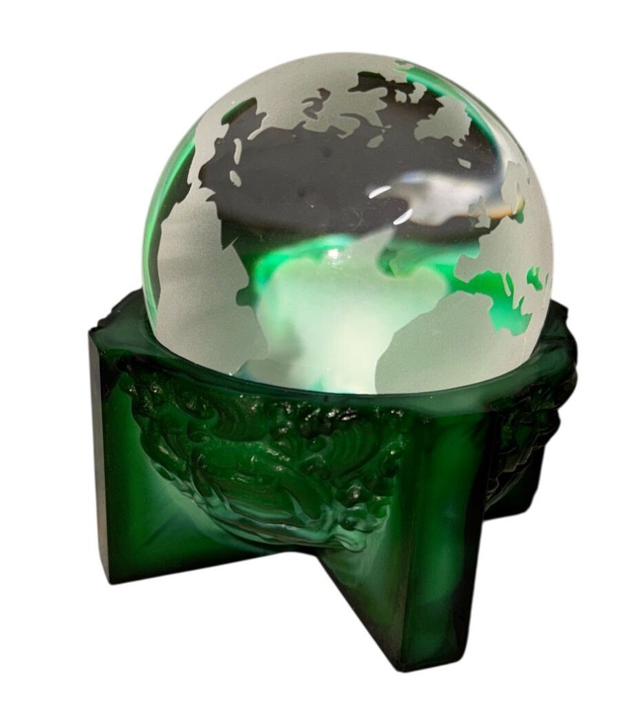 Glass Globe With Frosted Continents & Decorative green glass Base