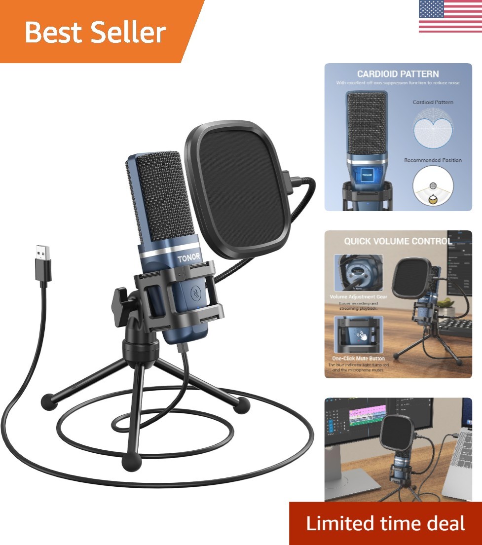 TC-777 USB Podcast Microphone: Cardioid Condenser Mic with Tripod & Pop Filter