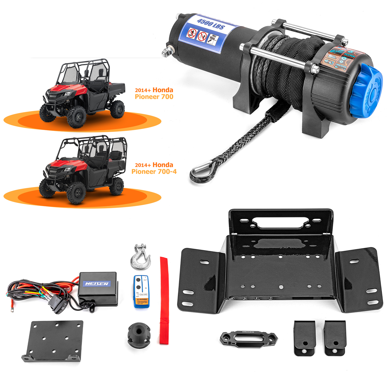 4500lbs Electric Winch Mounts Wire Hook Remote Combo Kit Fit HONDA PIONEER 700 4
