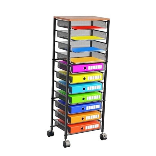 Rolling File Cart,Wood Desk File Organizer with Sliding Trays and 12 Tier
