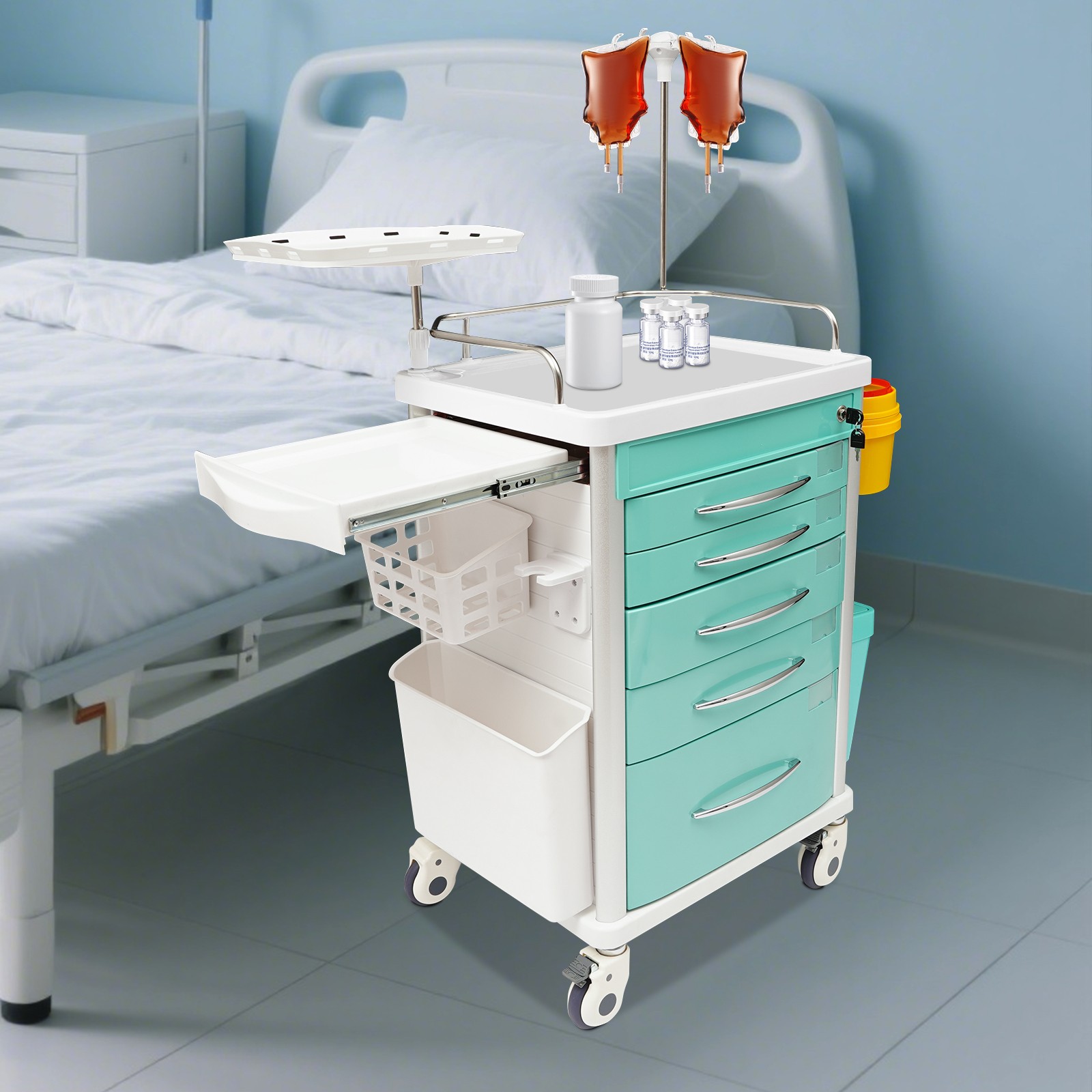 5 Tiers Lab Cart Mobile Medical Rolling Cart With Drawers & Trash Cans 176lbs