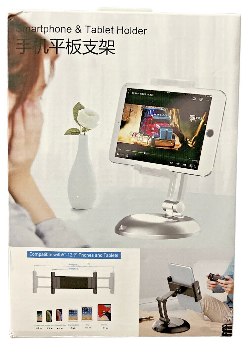 Long Arm Aluminum Tablet Stand, Folding Tablet Stand w/360° Swivel w/Clamp BLACK