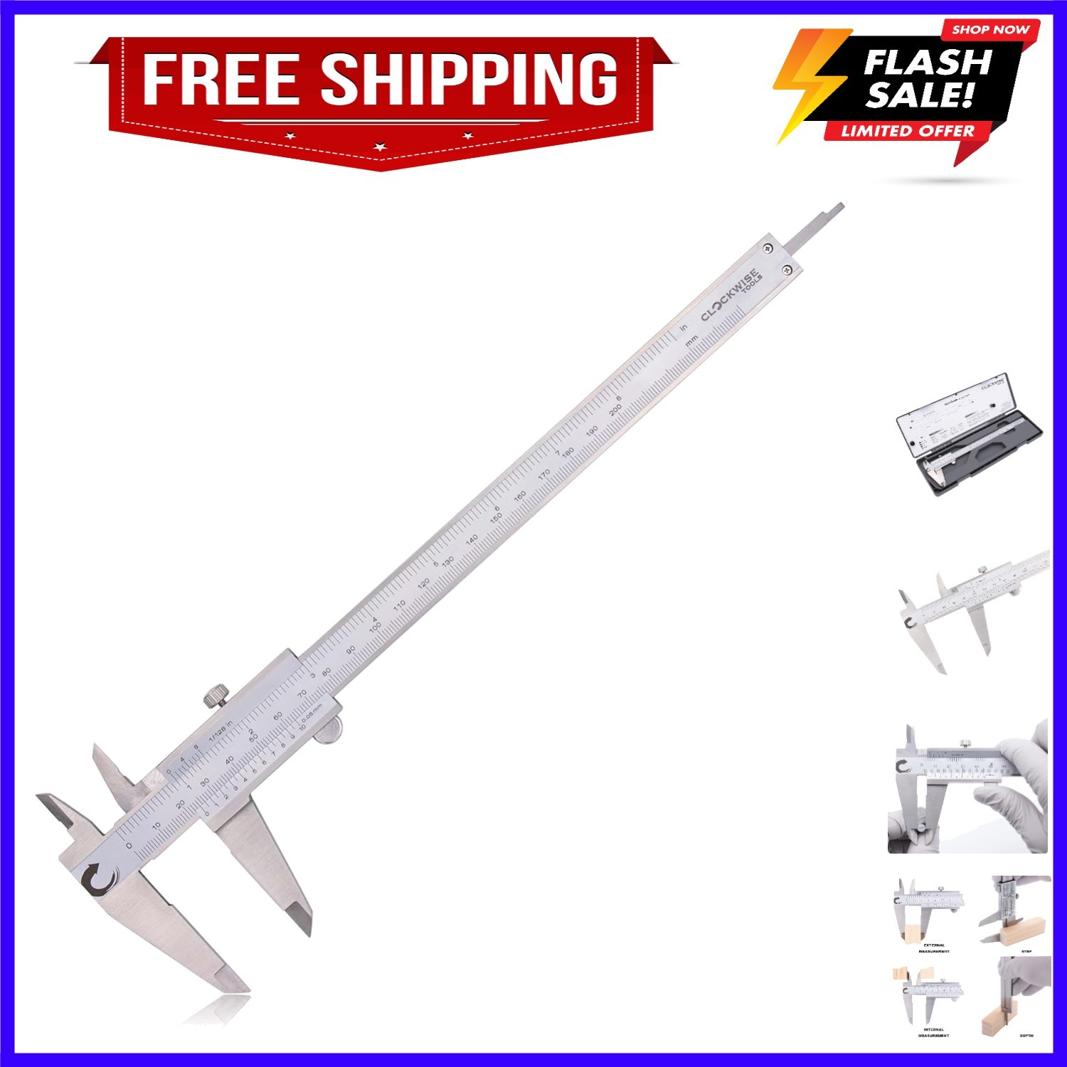 Vernier Caliper, DVLR-0805 0-8 Inch/200 mm, Inch Fraction/Metric, Stainless S...