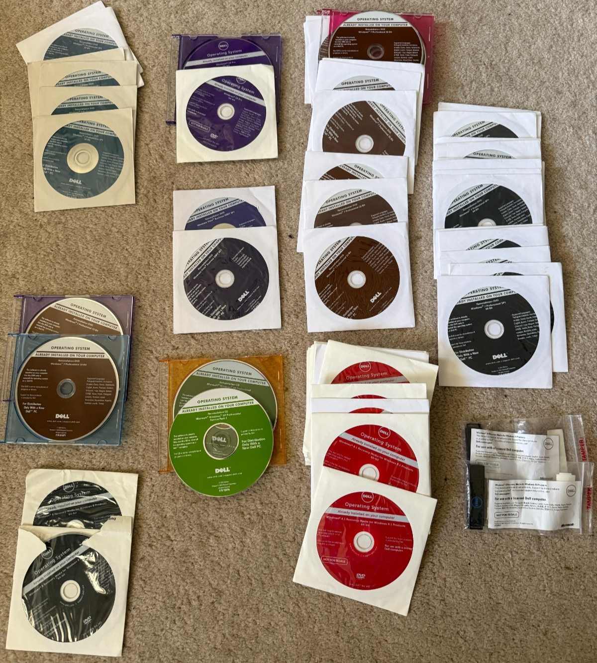 Lot of 57 OEM Dell Reinstallation Discs Windows XP Vista, 7, 8, 10 32 64 Pro USB