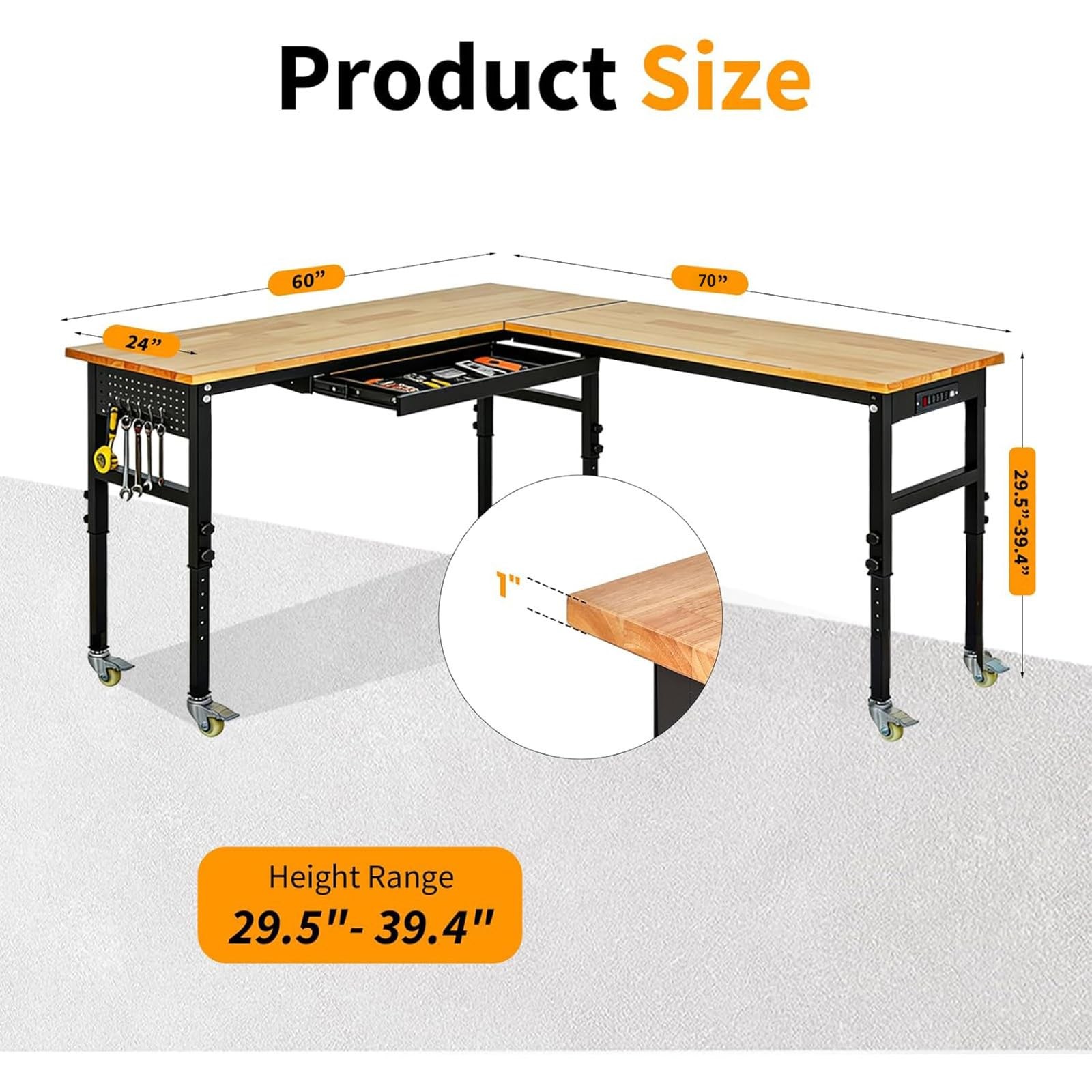 Heavy Duty 130" l-Shaped Adjustable Workbench w/ Wheels 2000 Lbs Capacity Drawer