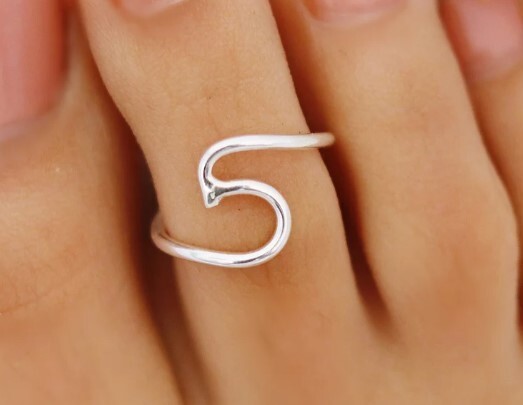 Solid Metal 925 Sterling Silver Wave Women's Toe Ring White Gold Plated