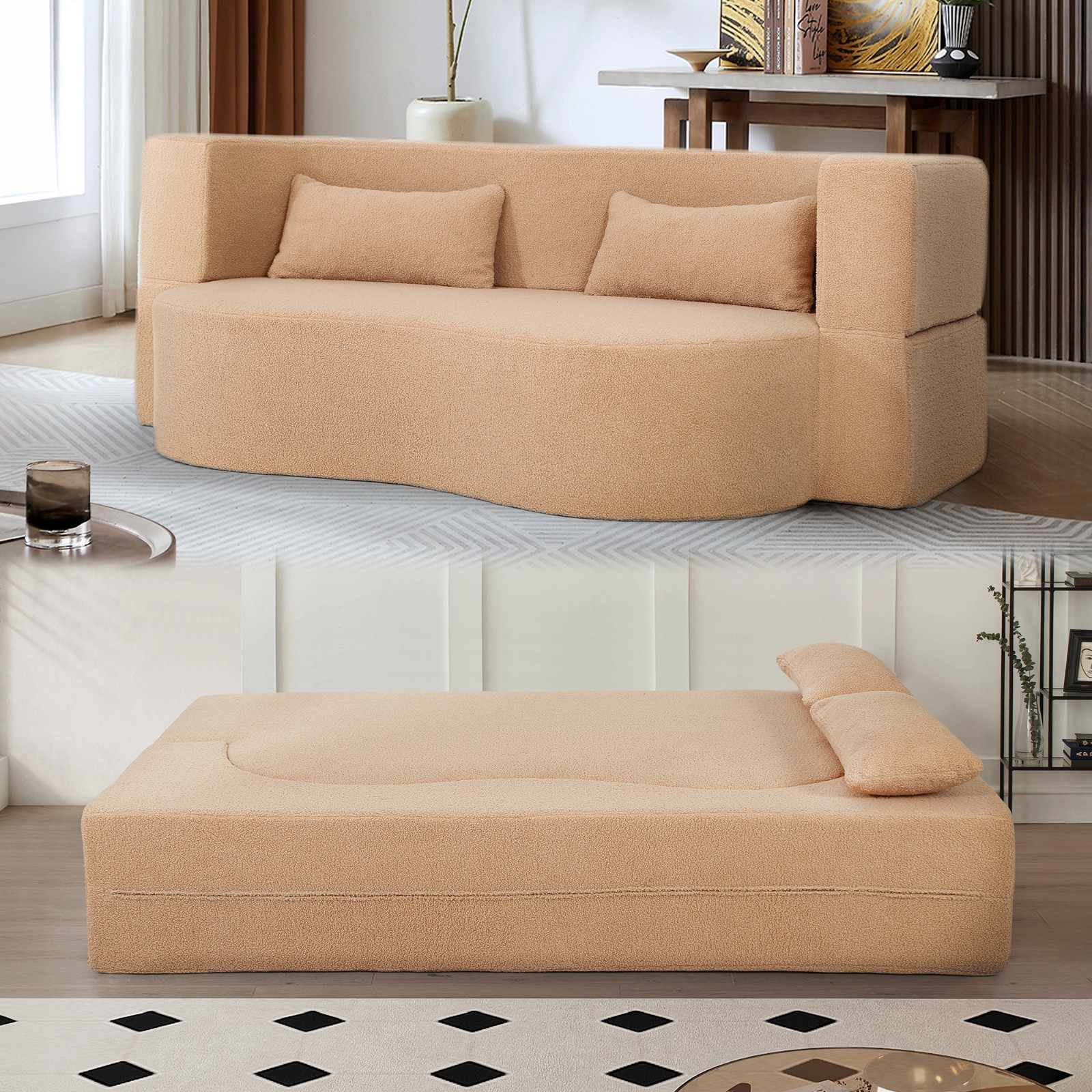 2 in 1 Convertible Sofa Bed Full Size Folding Couch Teddy Loveseat with 2 Pillow
