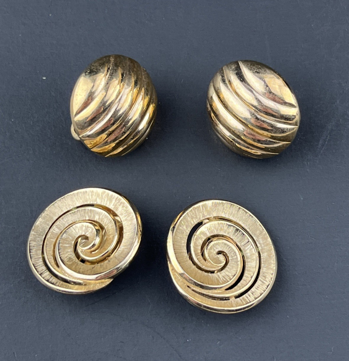 Lot of 2 Trifari Gold Tone Round Swirl Clip-On Earrings Vintage