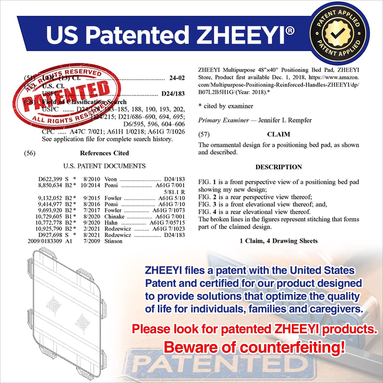 ZHEEYI Multipurpose 48" x 40" Positioning Bed Pad with Reinforced Handles - R...