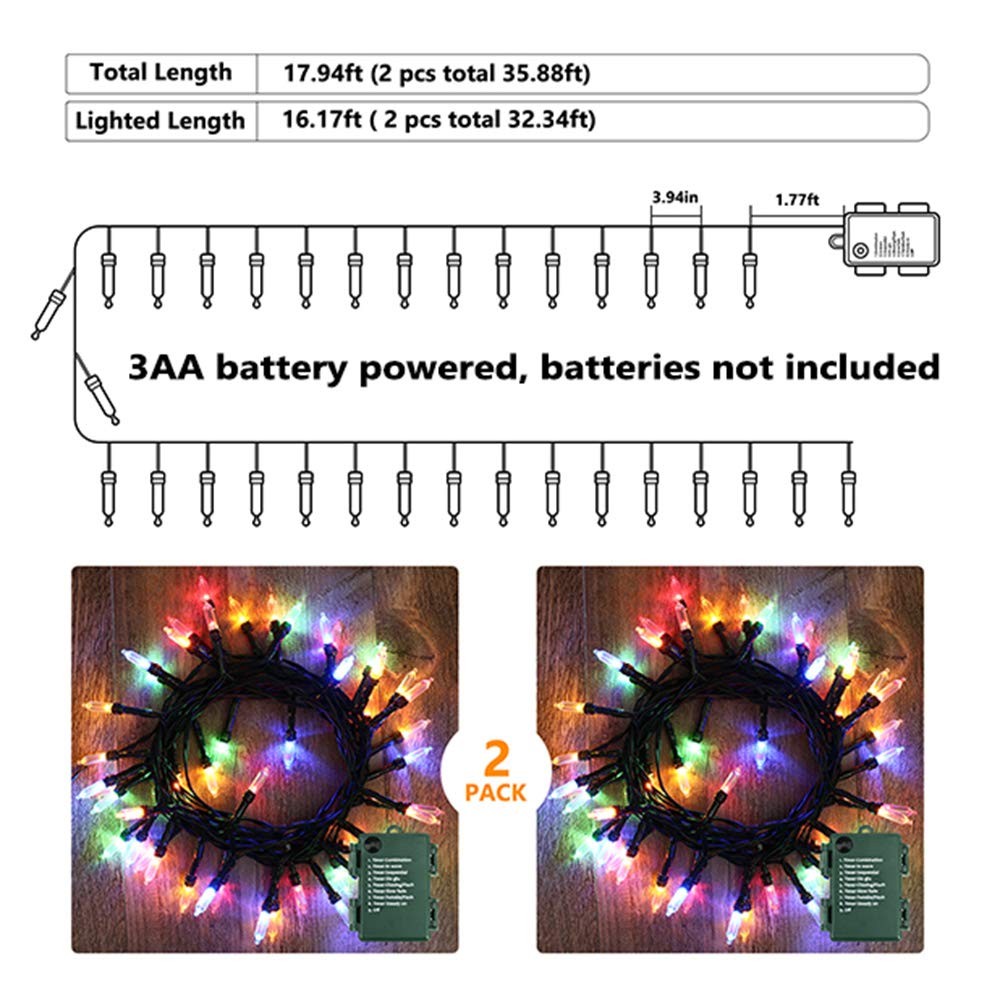 Christmas Lights Multicolor 2 Pack 17.94ft 50 Led Christmas String Lights Batter