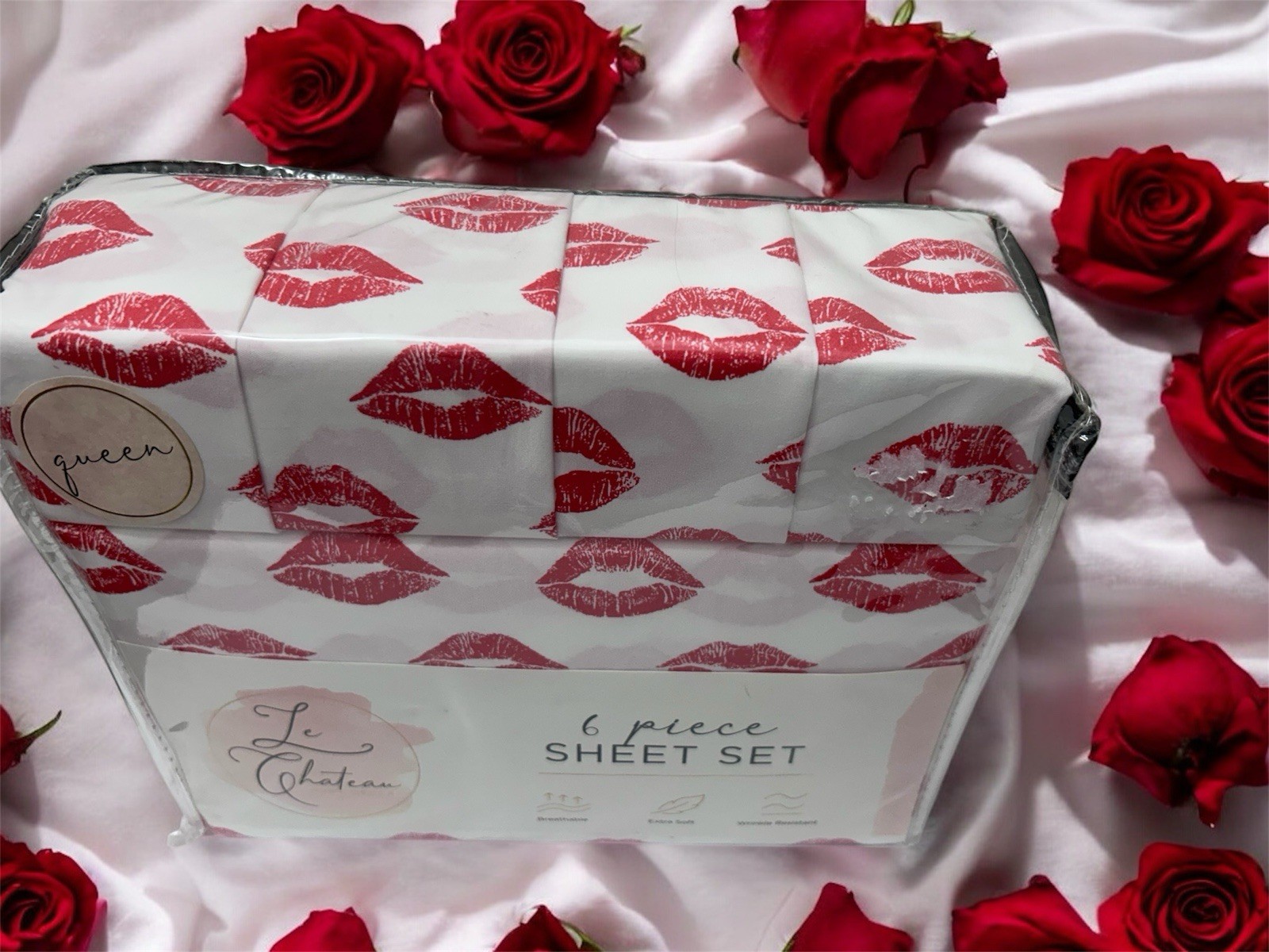 Le Chateau Red Lipstick Bedsheets Queen Set 6pc. Romance Gift Set For Her.