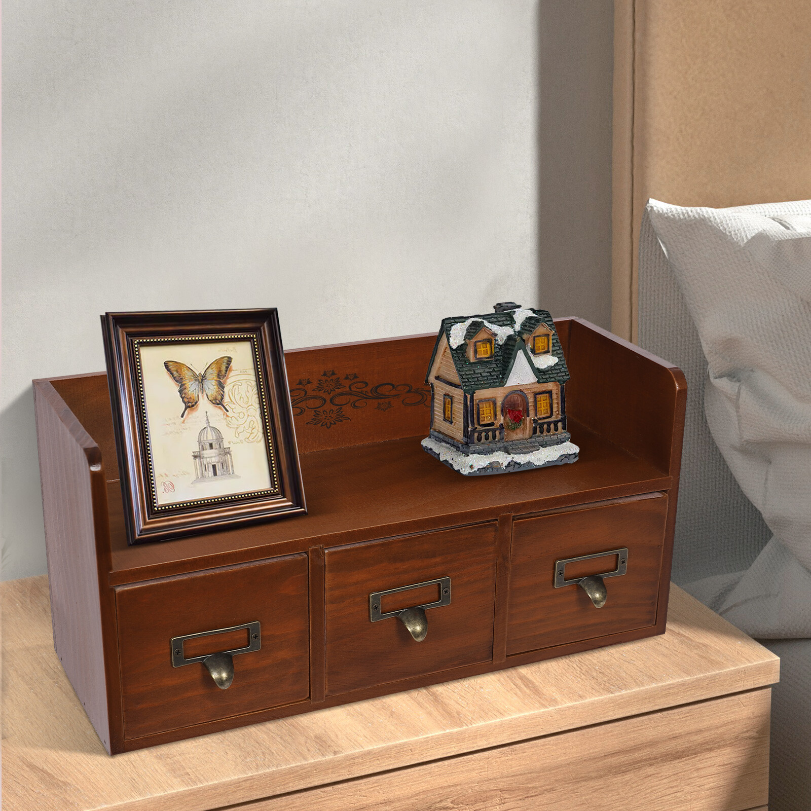Retro 3 Drawers Wood Desktop Storage Cabinet Cosmetic Jewelry Organizing Cabinet