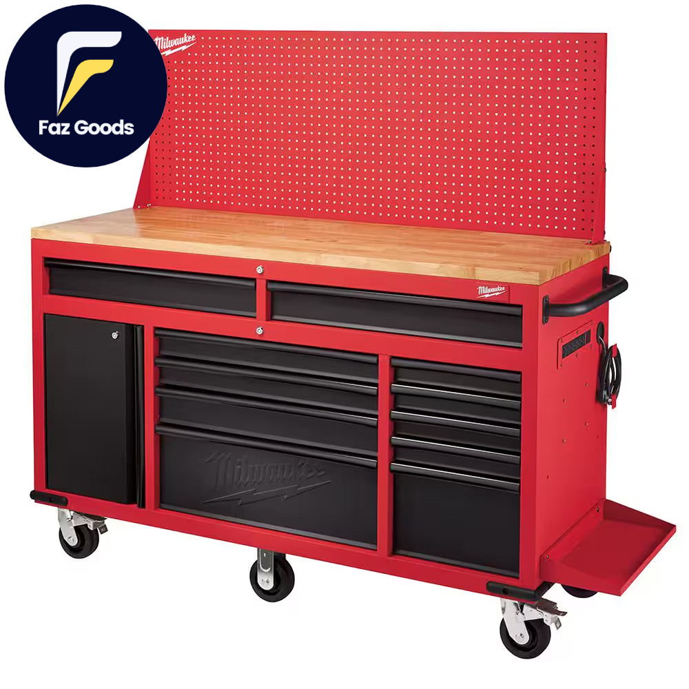 61 In. 11-Drawer/1-Door 22 In. D Mobile Workbench with Sliding Pegboard Back Wal