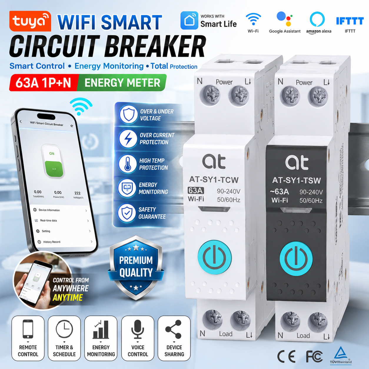 Tuya WiFi Smart Circuit Breaker 63A 1P+N Energy Meter Remote Control MCB