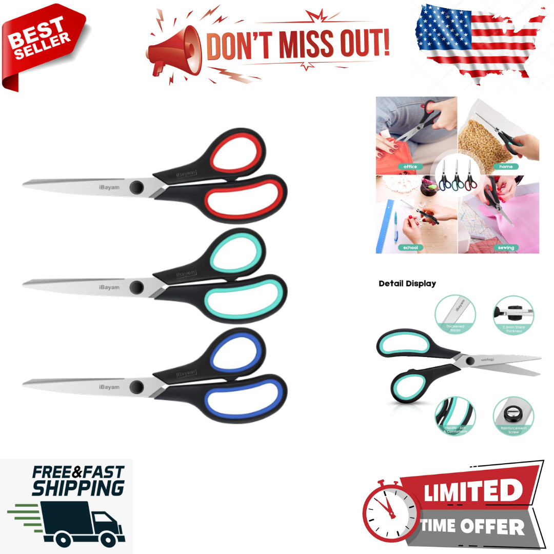 3-Pack 8" Heavy Duty Scissors with Ultra-Sharp Blades and Comfort-Grip Handles