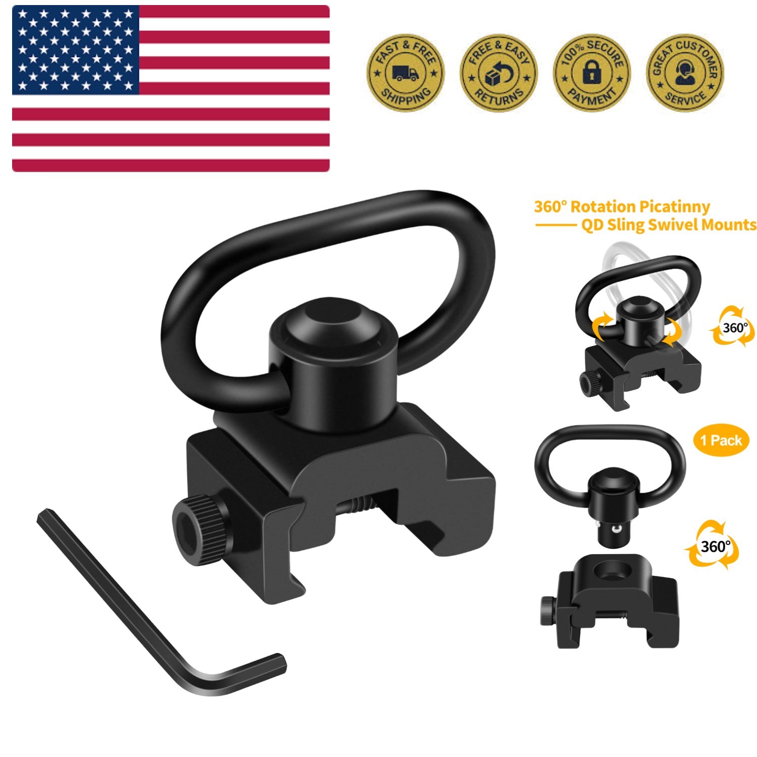 360° Rotatable Picatinny Sling Swivel Mount with Quick-Detach QD Button - Black