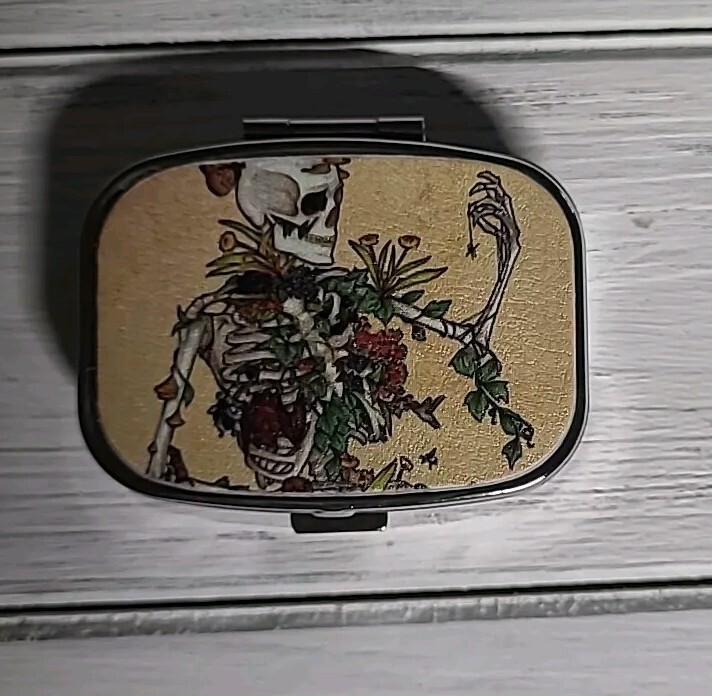 Skeleton Pill Box Decorative Case ,Metal Travel gift organizer.